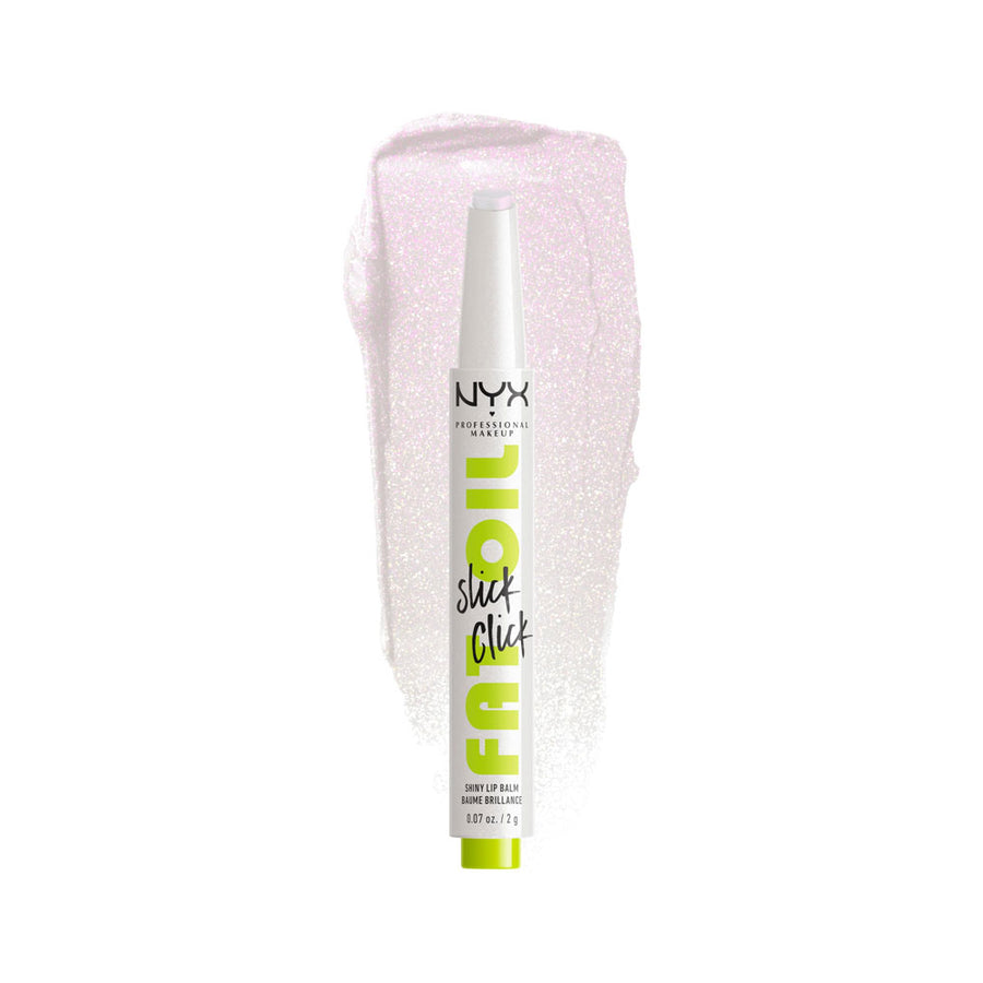 NYX lip balm with glittery pink packaging on a white background