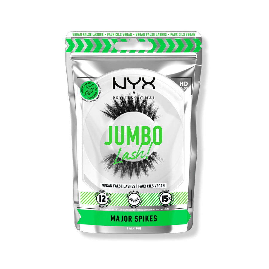 Packaging of NYX Jumbo Lash Vegan False Lashes in 'Major Spikes' style. The lashes are visible through a clear window, with green and white design elements, and text indicating the style and veganity.
