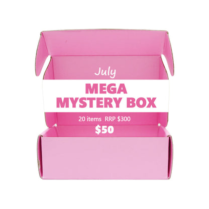 Pink mystery box with text indicating 'July Mega Mystery Box' on a white background