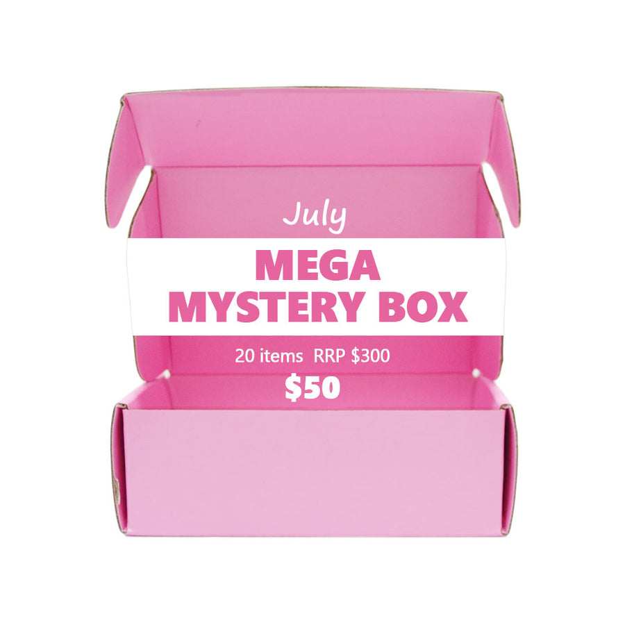 Pink mystery box with text indicating 'July Mega Mystery Box' on a white background