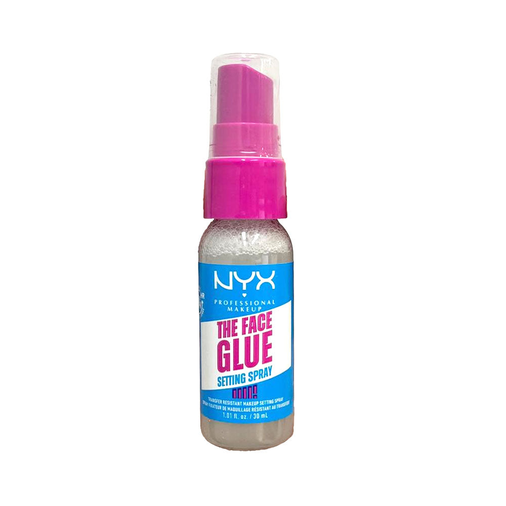 NYX The Face Glue setting spray bottle with pink nozzle on a white background
