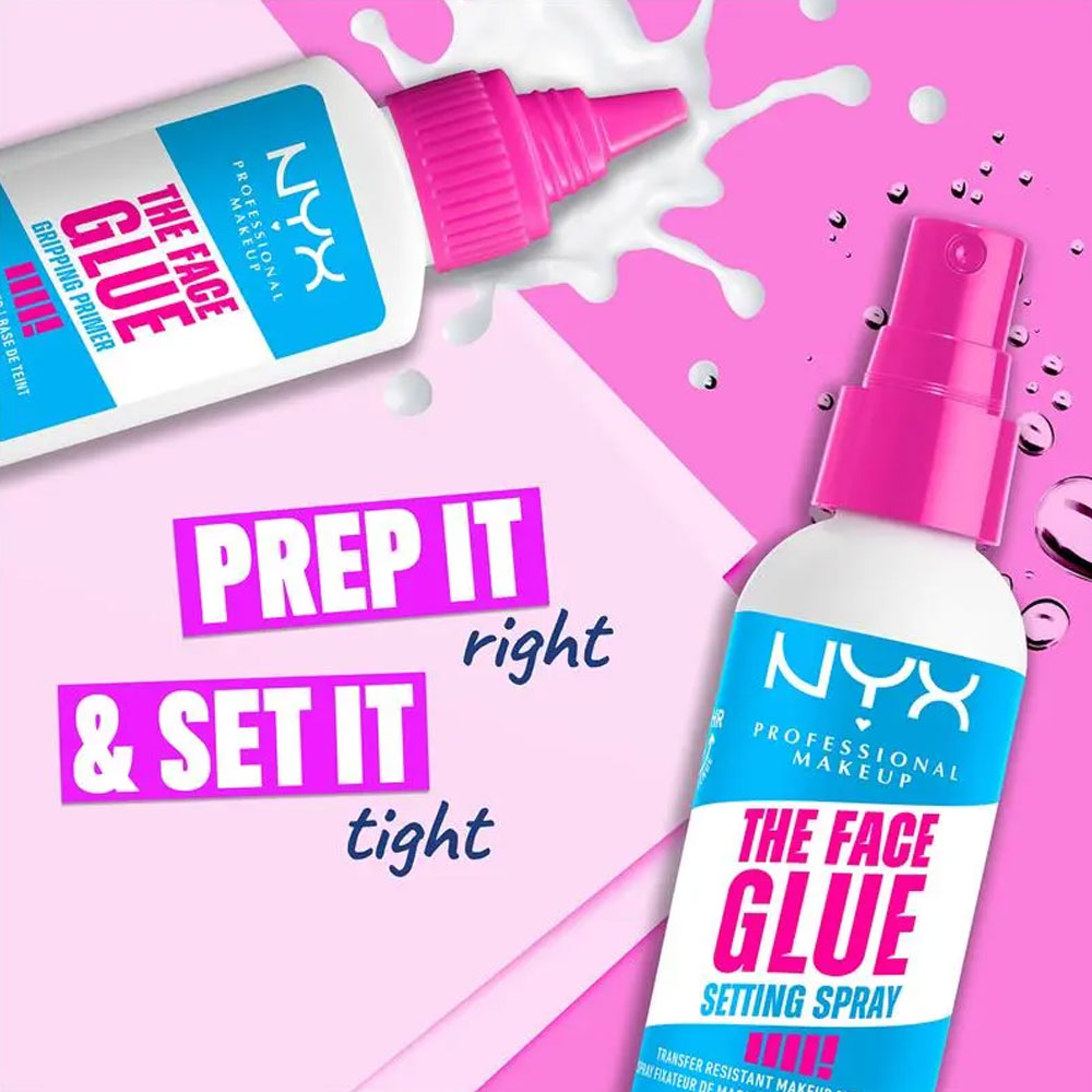 NYX The Face Glue setting spray on a pink background with text.