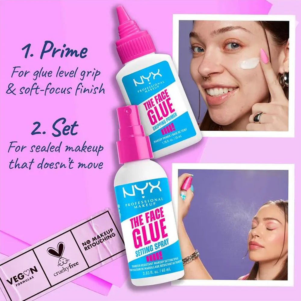 NYX The Face Glue setting spray with product usage on a pink background