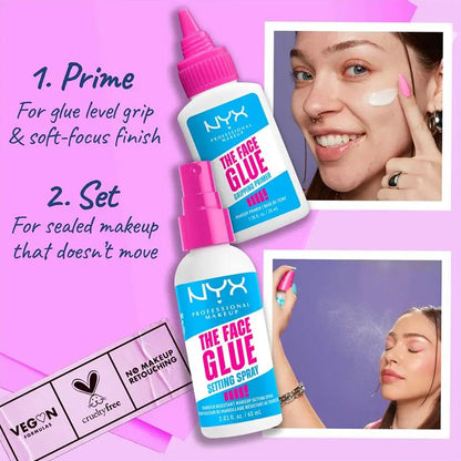 NYX The Face Glue setting spray with product usage on a pink background