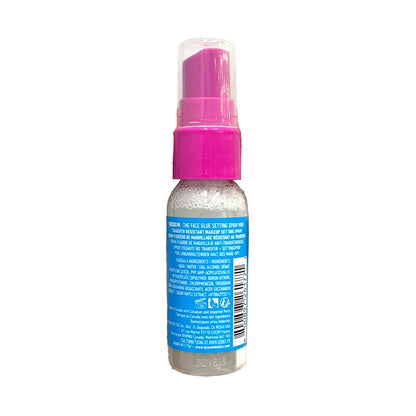 Small spray bottle with pink cap and blue label on a white background