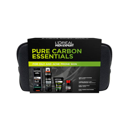 L'Oreal Men Expert Pure Carbon Essentials gift pack containing a shower gel, deodorant, face wash, and moisturizer, packaged in a black pouch with product images and text on the front.