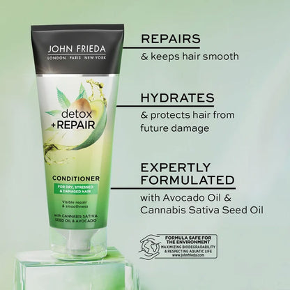 John Frieda Shampoo Detox Repair For Dry Stressed And Damaged Hair With Avocado Oil And Green Tea 250ml