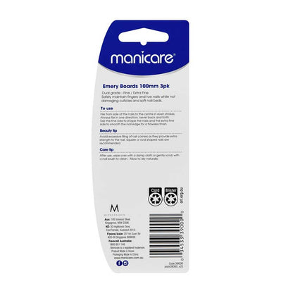 Manicare Emery Boards 100mm Dual Grade Fine Extra Fine 3pk