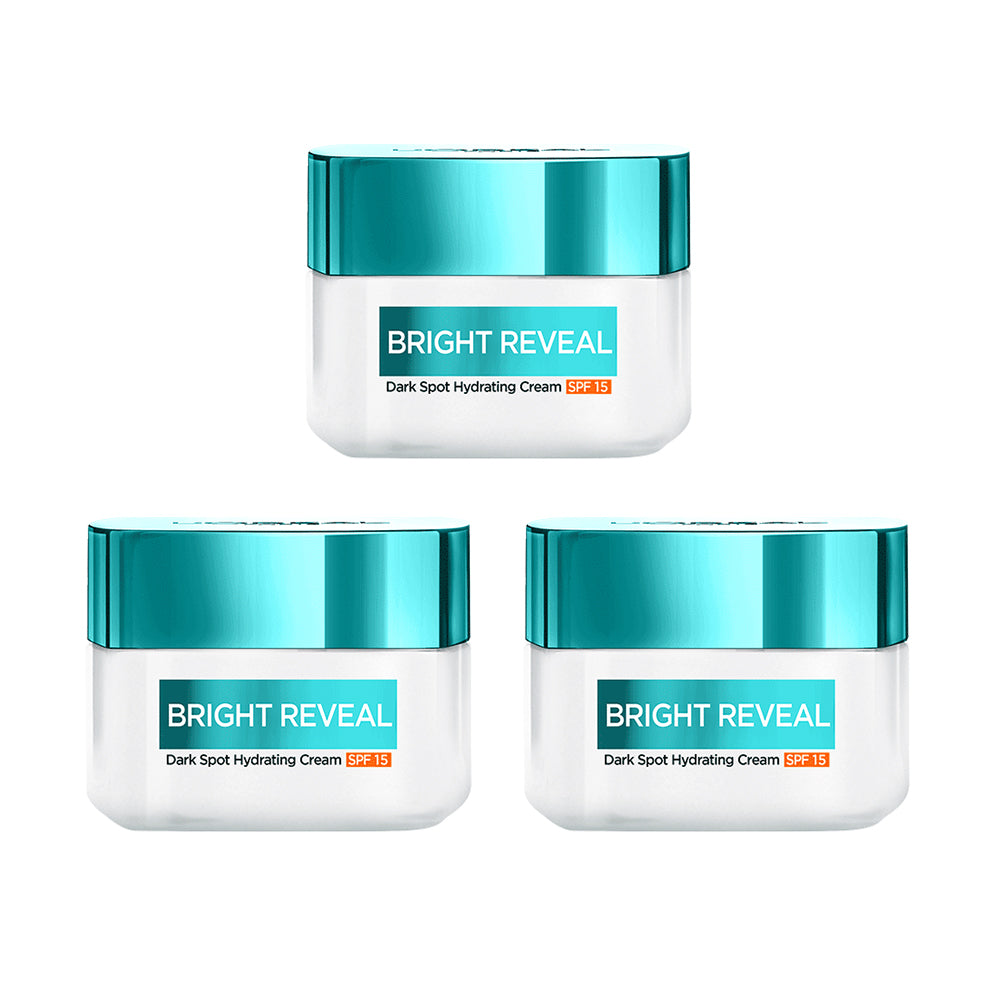 Three jars of Bright Reveal Dark Spot Hydrating Cream on a white background