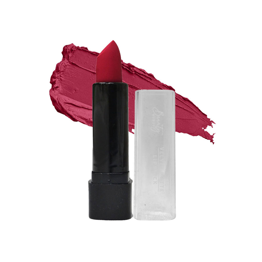Red lipstick with black cap and clear case on a white background