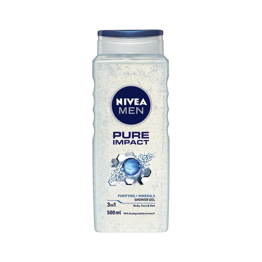 Nivea Men Shower Gel Pure Impact 3-In-1 Body Face & Hair Purifying + Minerals 500ml