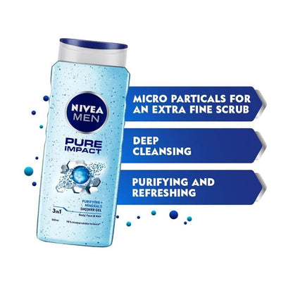 Nivea Men Shower Gel Pure Impact 3-In-1 Body Face & Hair Purifying + Minerals 500ml