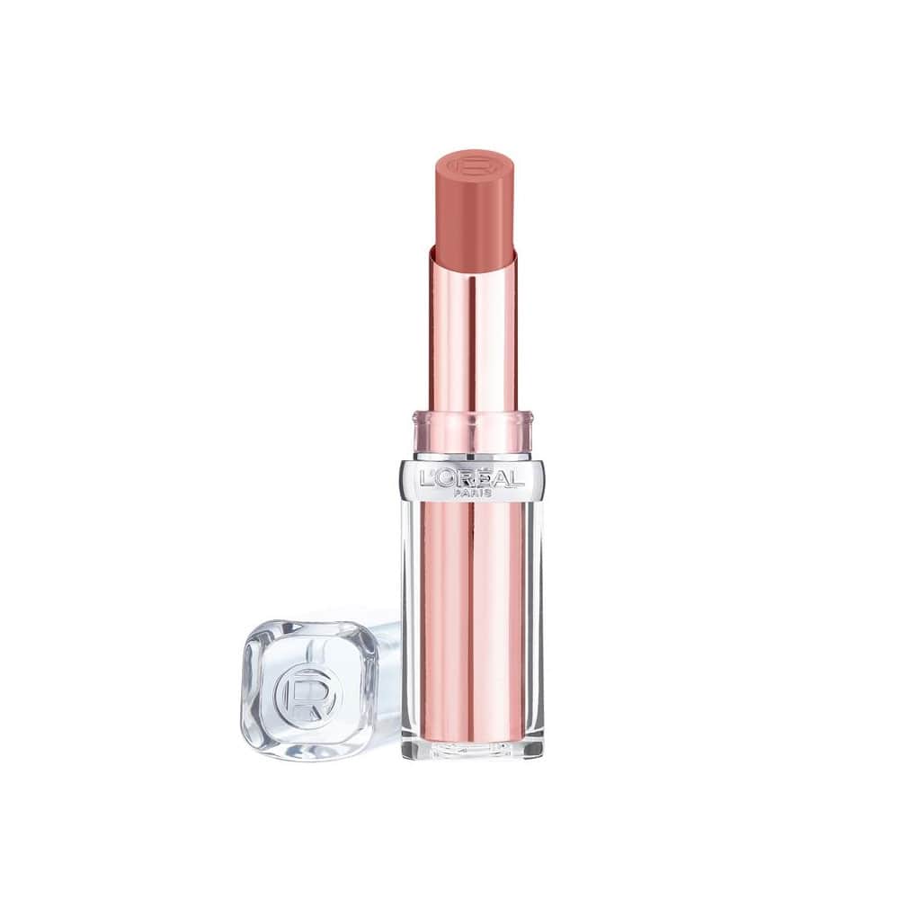L'Oreal Glow Paradise Lipstick in a shade 'Pastel Exaltation', with the cap removed, displaying the product in a clear tube with a pink tint.