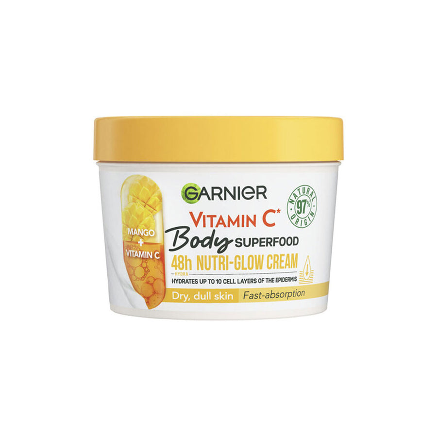 Garnier Vitamin C Body Superfood cream jar with yellow lid on a white background