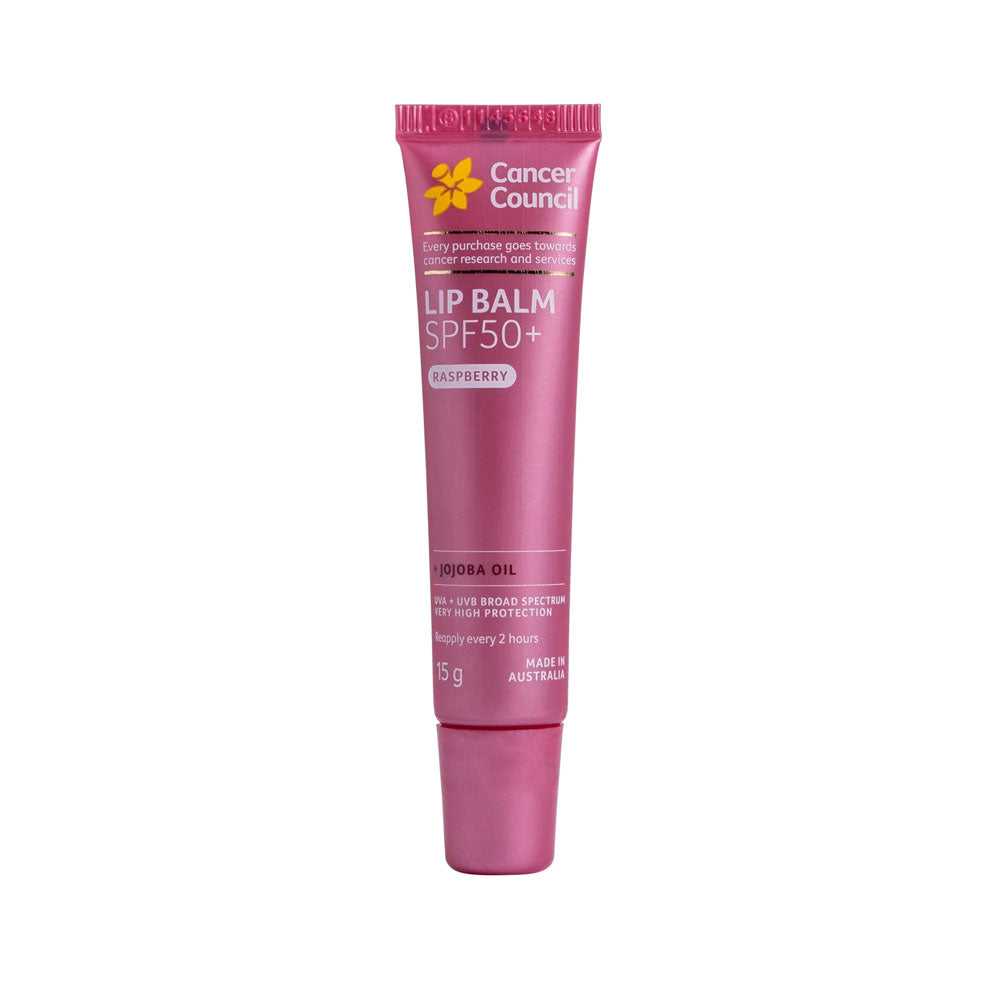 Pink lip balm tube with Cancer Council branding on a white background