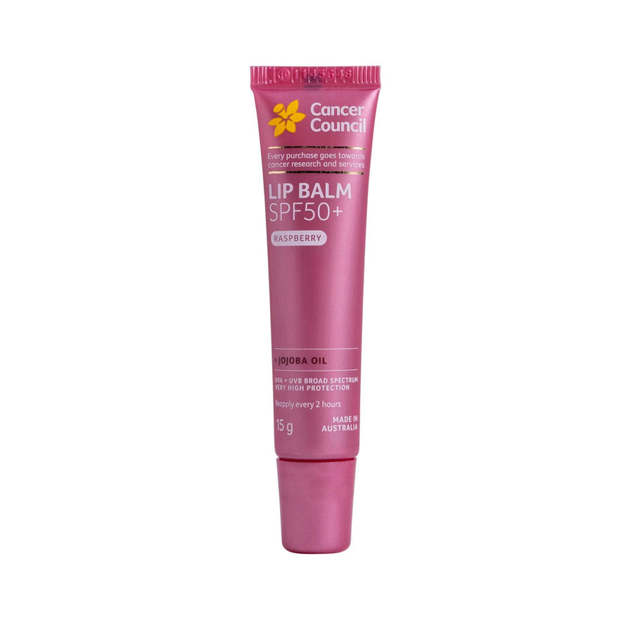 Pink lip balm tube with Cancer Council branding on a white background