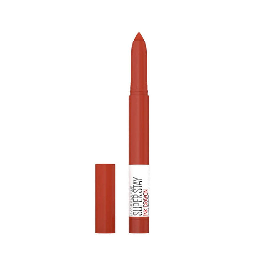 Maybelline SuperStay Ink Crayon in red color with the cap off, showing the tip of the crayon.
