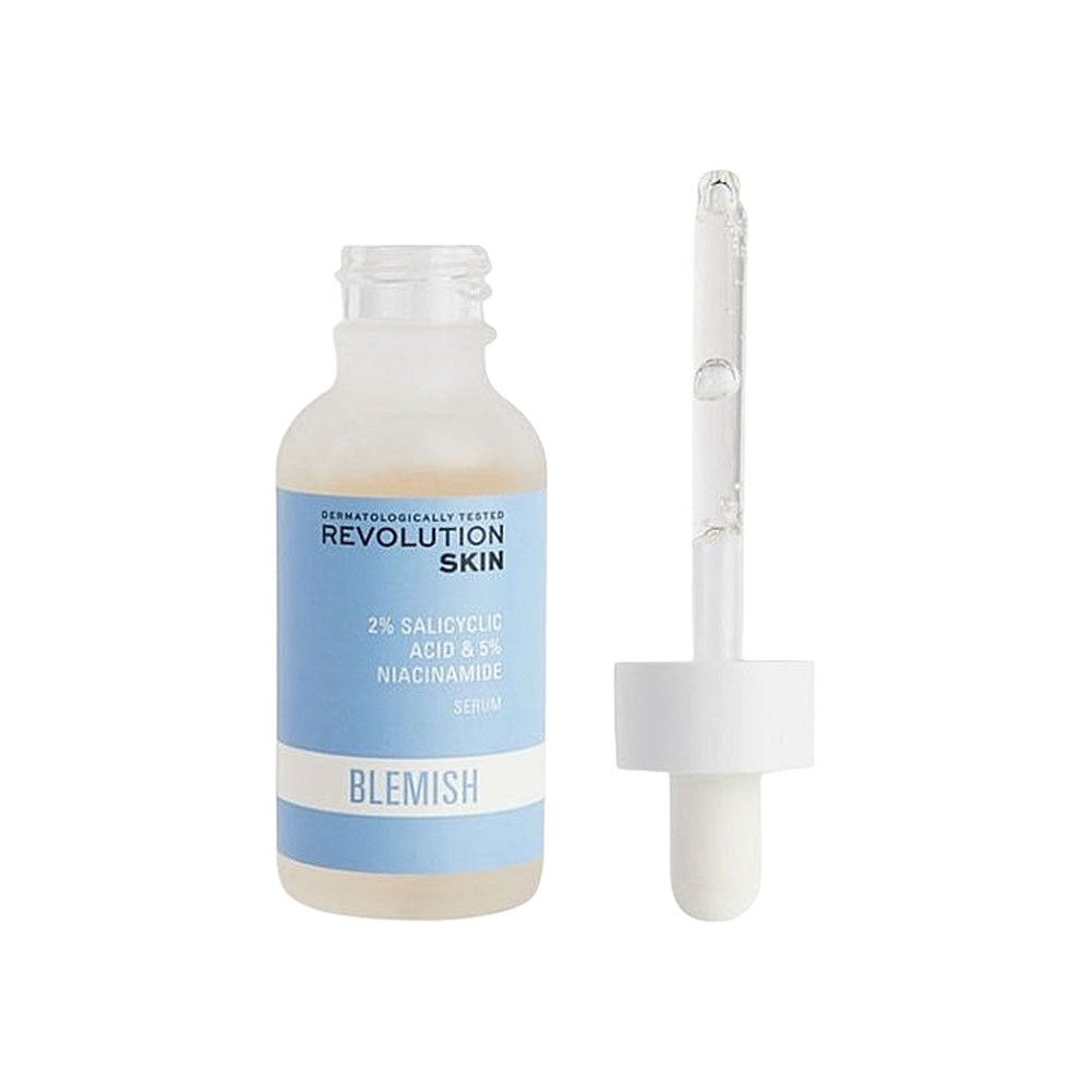 Skincare bottle with dropper labeled 'Revolution Skin' on a white background