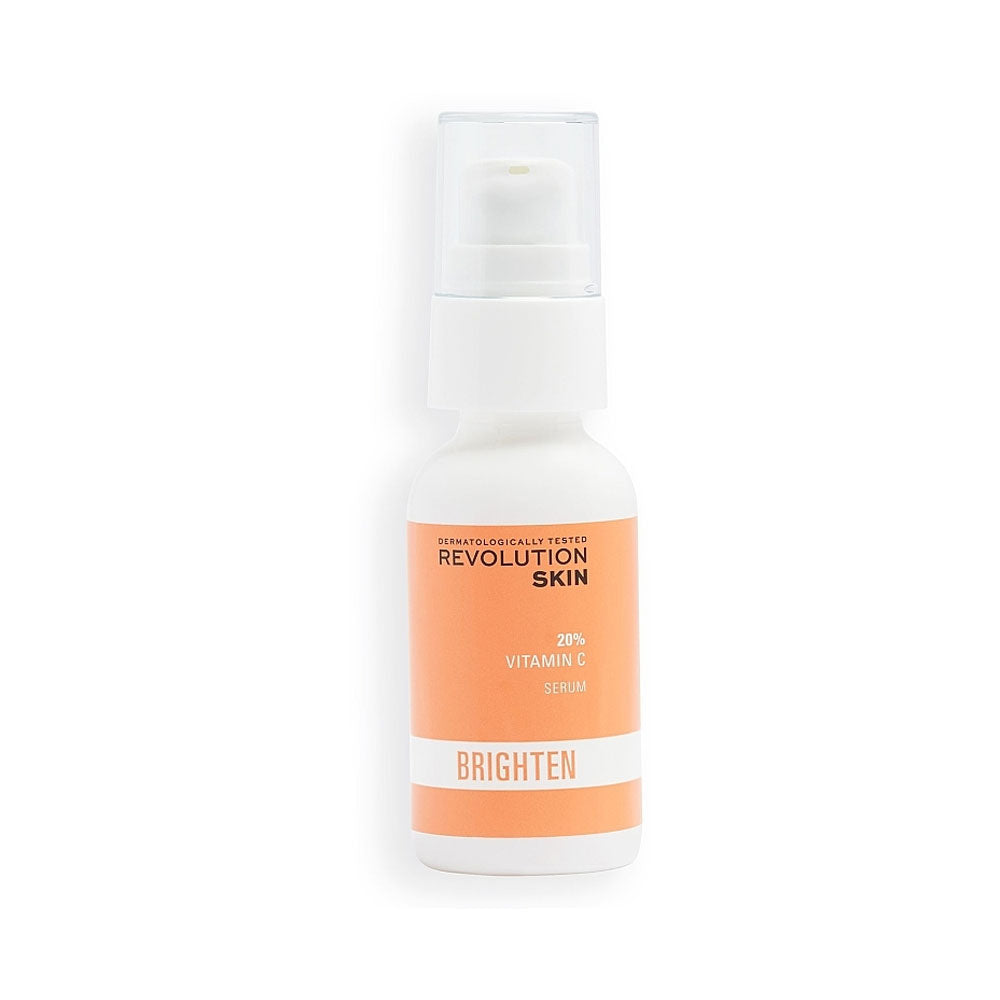 Skincare serum bottle labeled 'Revolution Skin' on a white background