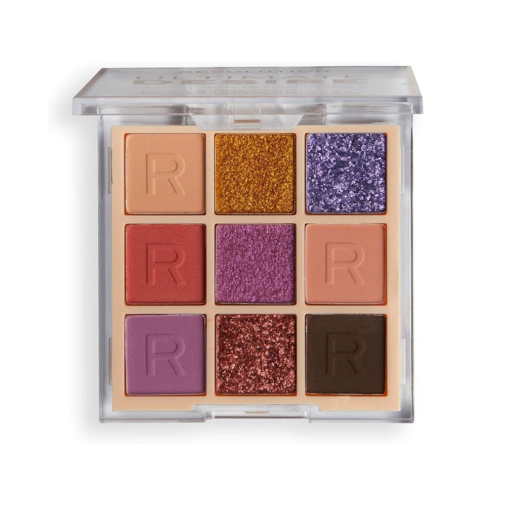 Makeup palette with various colors and a brand logo on a white background