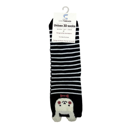 Cosy Threads Unisex 3D Socks Black Stripe Bunny