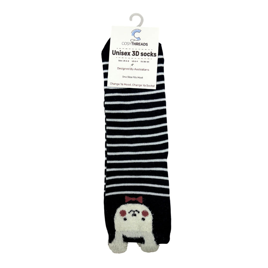 Cosy Threads Unisex 3D Socks Black Stripe Bunny