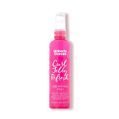 Pink spray bottle labeled 'Umberto Giannini Curl Jelly Refresh' on a white background