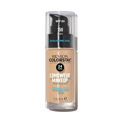 A pump bottle of Revlon Colorstay Longwear Makeup for Normal/Dry Skin with SPF 20, in the shade 150 Buff.