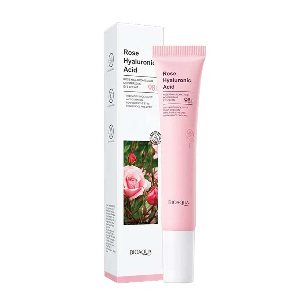 Hyaluronic Acid Eye Cream standing next to its white packaging
