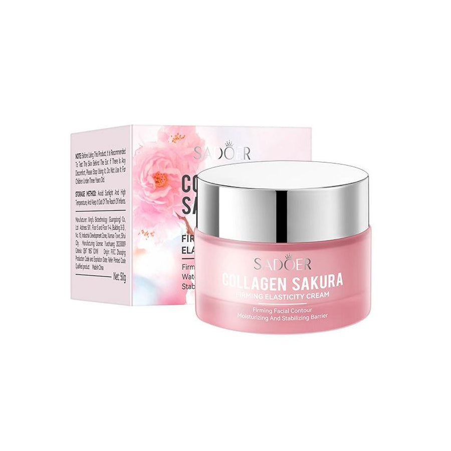 Pink skincare cream jar with silver lid and Sador packaging on a white background