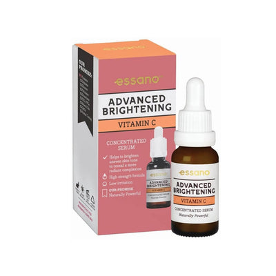 Product image showing Essano Advanced Brightening Vitamin C serum in a small dropper bottle.