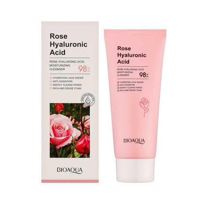Rose Hyaluronic Acid moisturizing cleanser shown as a pink squeeze tube