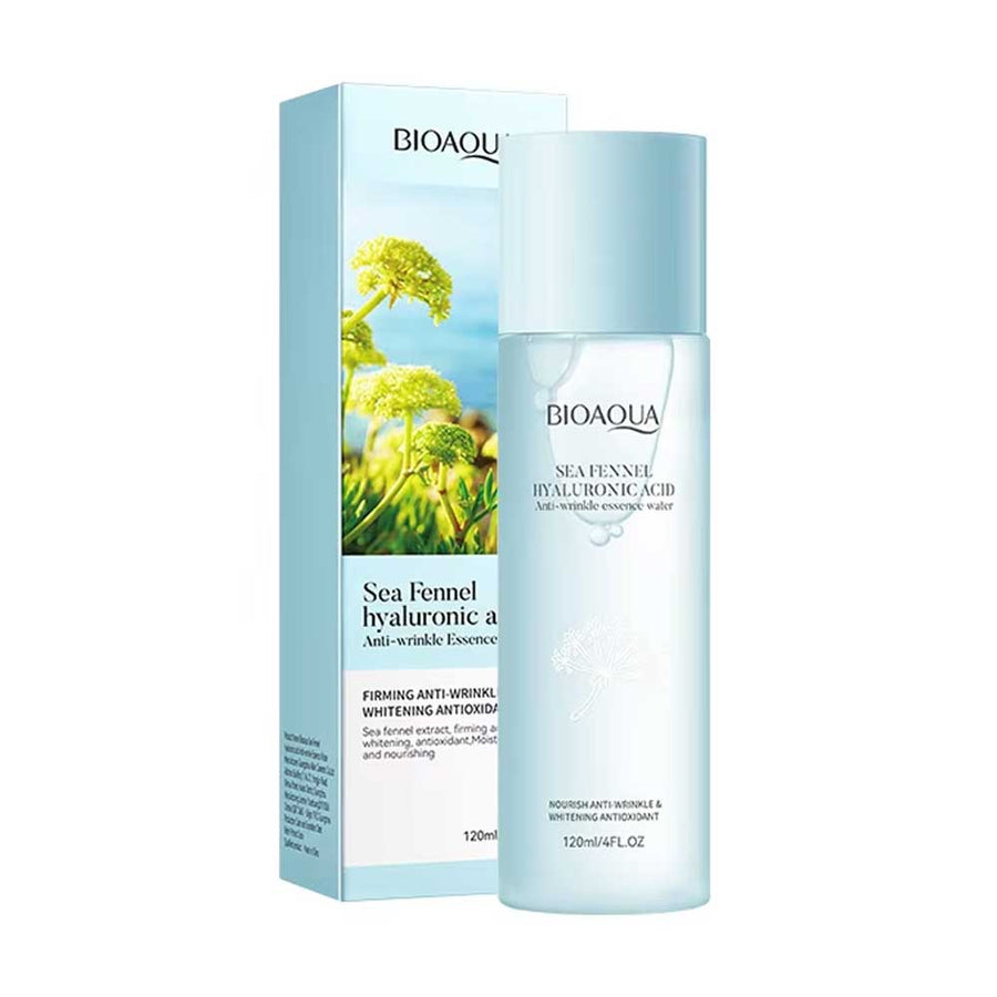 Sea Fennel Hyaluronic Acid skincare bottle and its matching light blue packaging box