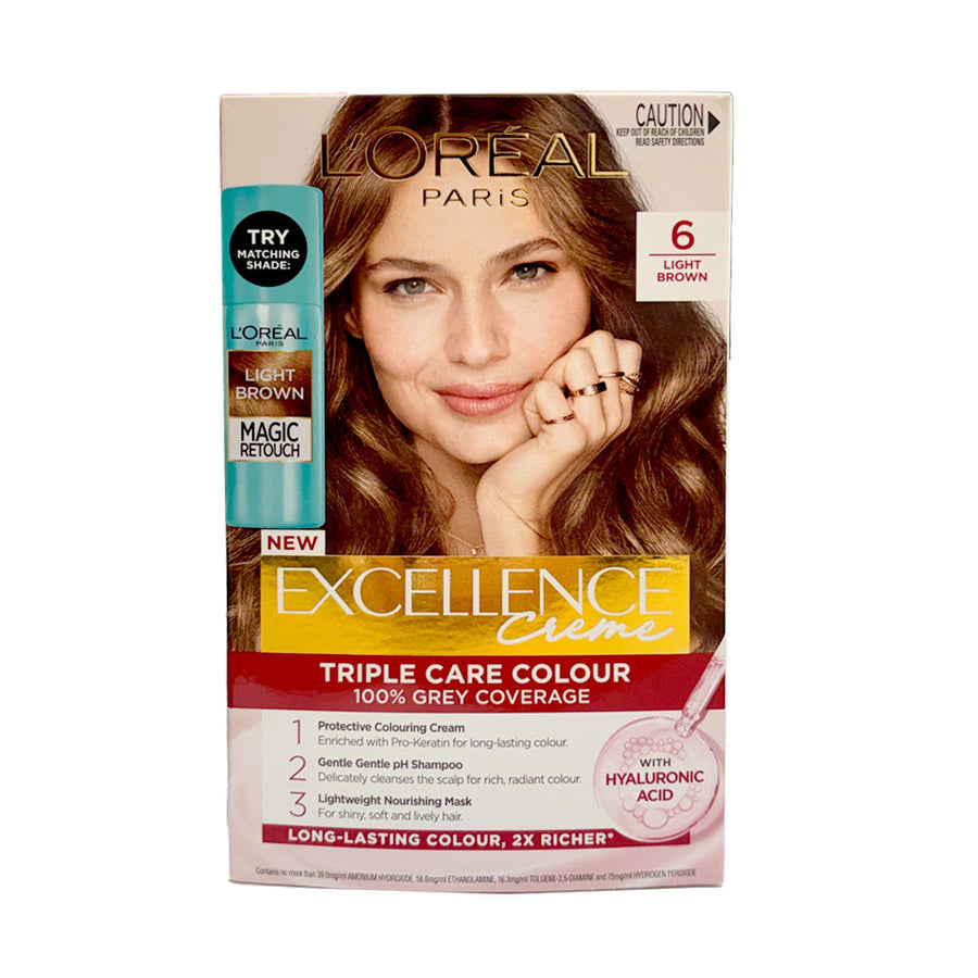 L'Oreal Paris Excellence Creme Permanent Hair Colour 100% Grey Coverage 6 Light Brown