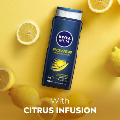 Nivea Men Shower Gel For Body, Face & Hair Power 24H Fresh Effect Invigorating Citrus Scent 500ml