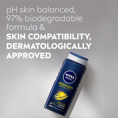 Nivea Men Shower Gel For Body, Face & Hair Power 24H Fresh Effect Invigorating Citrus Scent 500ml
