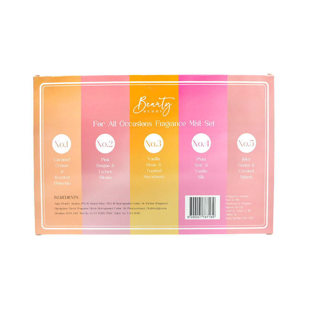 Packaging of a fragrance mist set with colorful stripes and product names.