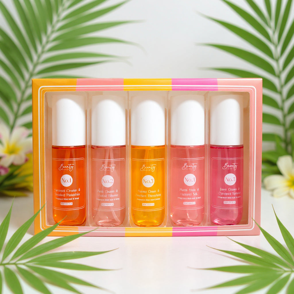 Set of five skincare bottles in a decorative box with a tropical leaf background