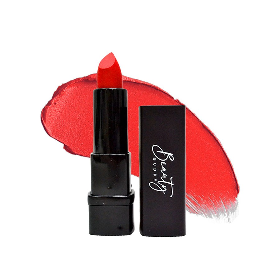 Red lipstick with black case and applicator on a white background