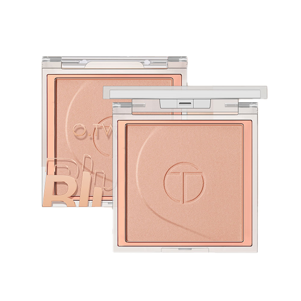 Two pans of O.TWO.O Silky Glow Powder Blush in apricot color, with a visible logo on the bottom right pan.
