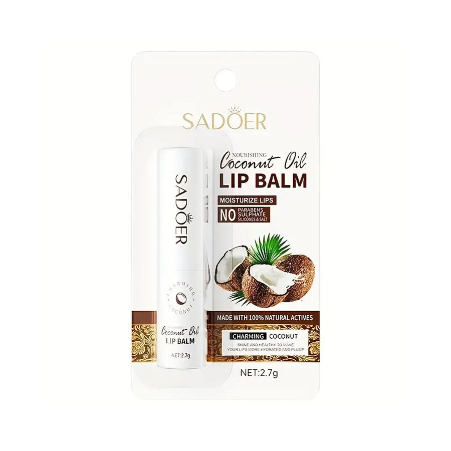 Sadoer coconut oil lip balm packaging on a white background