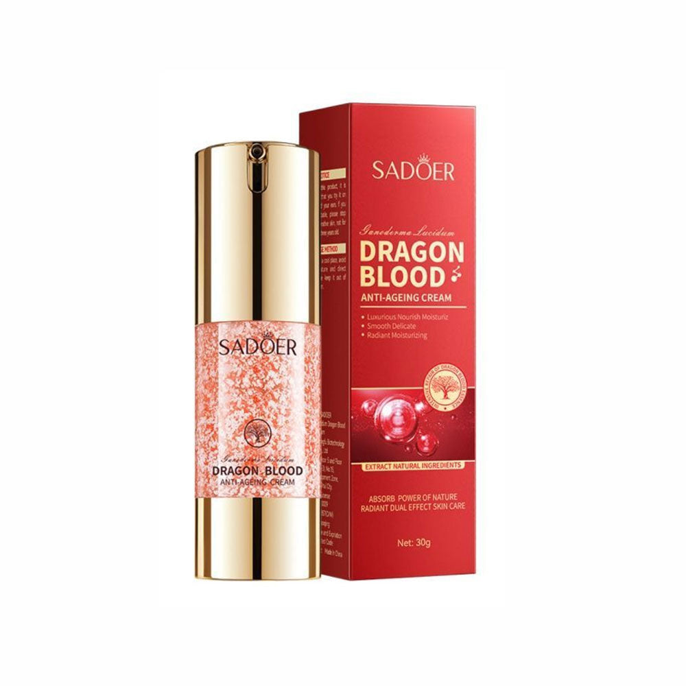 Sadoer Dragon Blood anti-aging cream with packaging on a white background