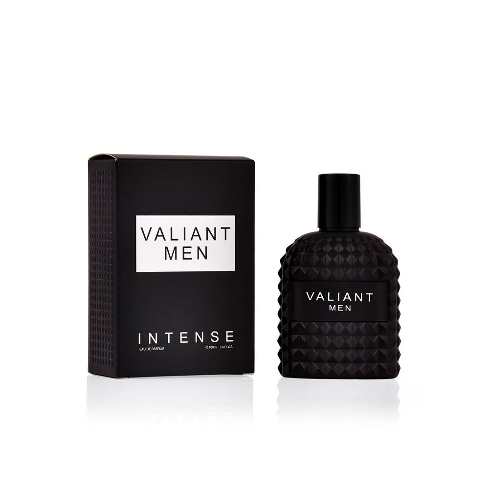 Black 'Valiant Men' perfume bottle and packaging on a white background