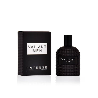 Black 'Valiant Men' perfume bottle and packaging on a white background
