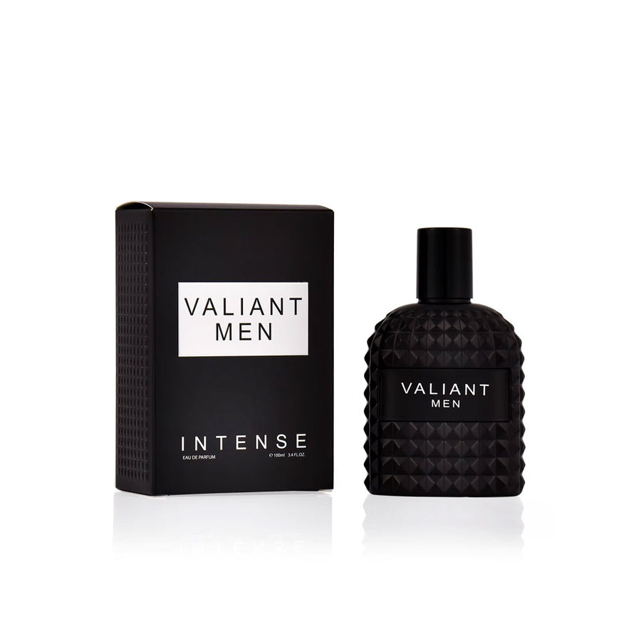 Black 'Valiant Men' perfume bottle and packaging on a white background