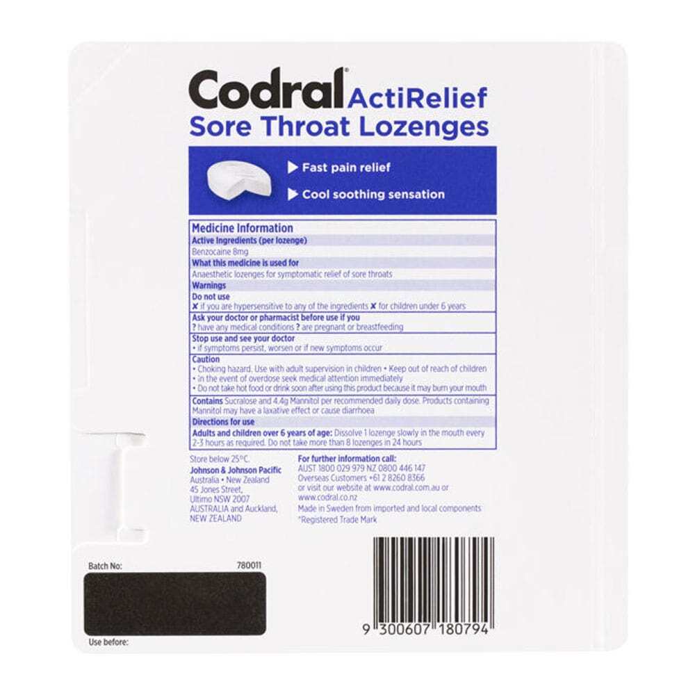 Codral Acti Relief Sore Throat Lozenges Sugar Free Cool Mint 20pk - Short Dated Clearance