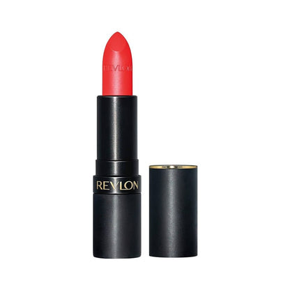 A tube of Revlon Super Lustrous Matte Lipstick in color '007 On Fire' with the cap removed, displaying a vibrant red lipstick.