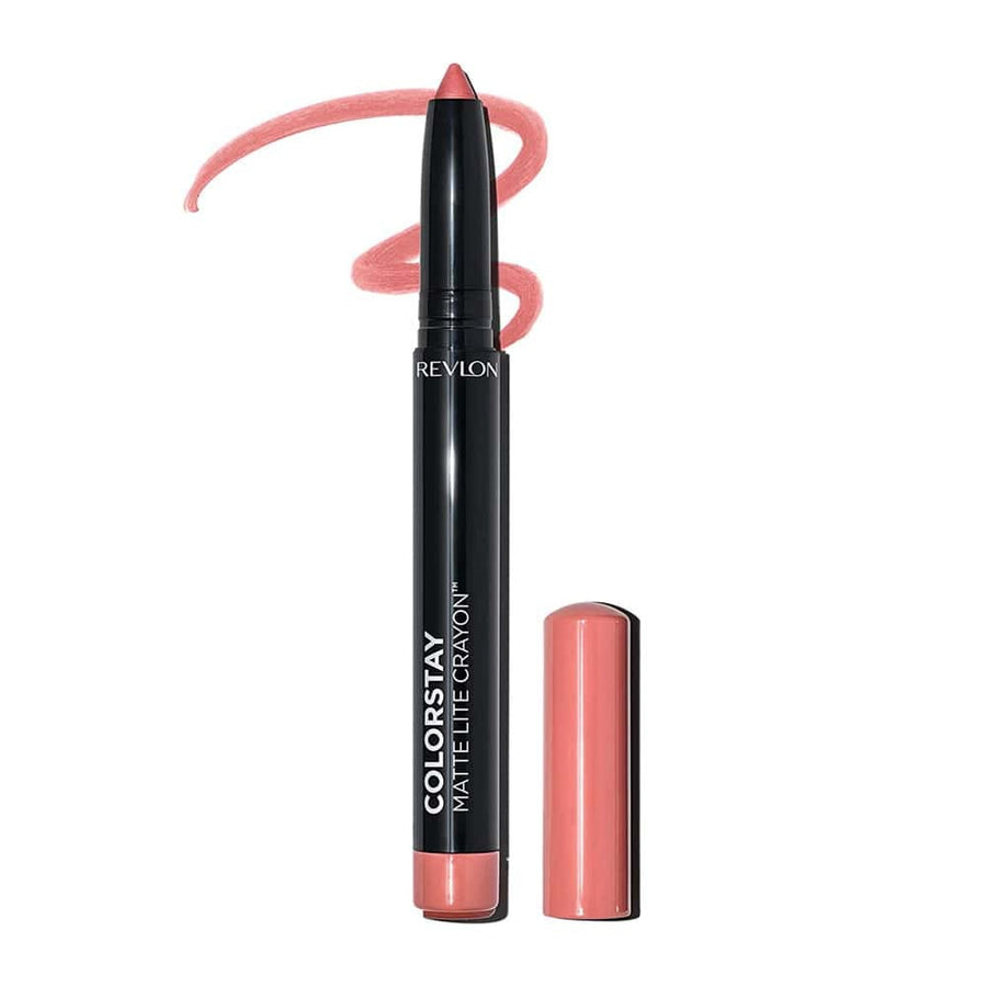 A tube of Revlon ColorStay Matte Lite Crayon lipstick in a shade named 'Tread Lightly', with the cap off, showing the pink-colored lipstick inside.