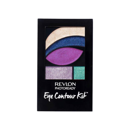 Revlon Photoready Eye Contour Kit, containing eyeshadows in a palette with a primer, shadow, and sparkle topcoat, shades include purple, blue, beige, and green.