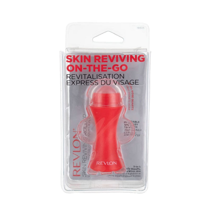 Revlon Skin Reviving Roller in packaging, predominantly red color with a dual-ended design, described as containing real rose quartz.